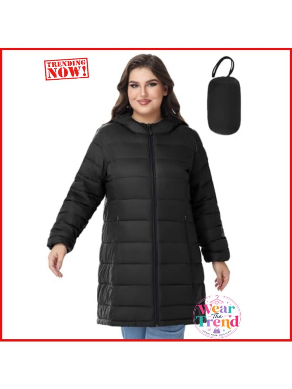 Plus Size Packable Puffer Jacket Lightweight Water Repellent Hooded